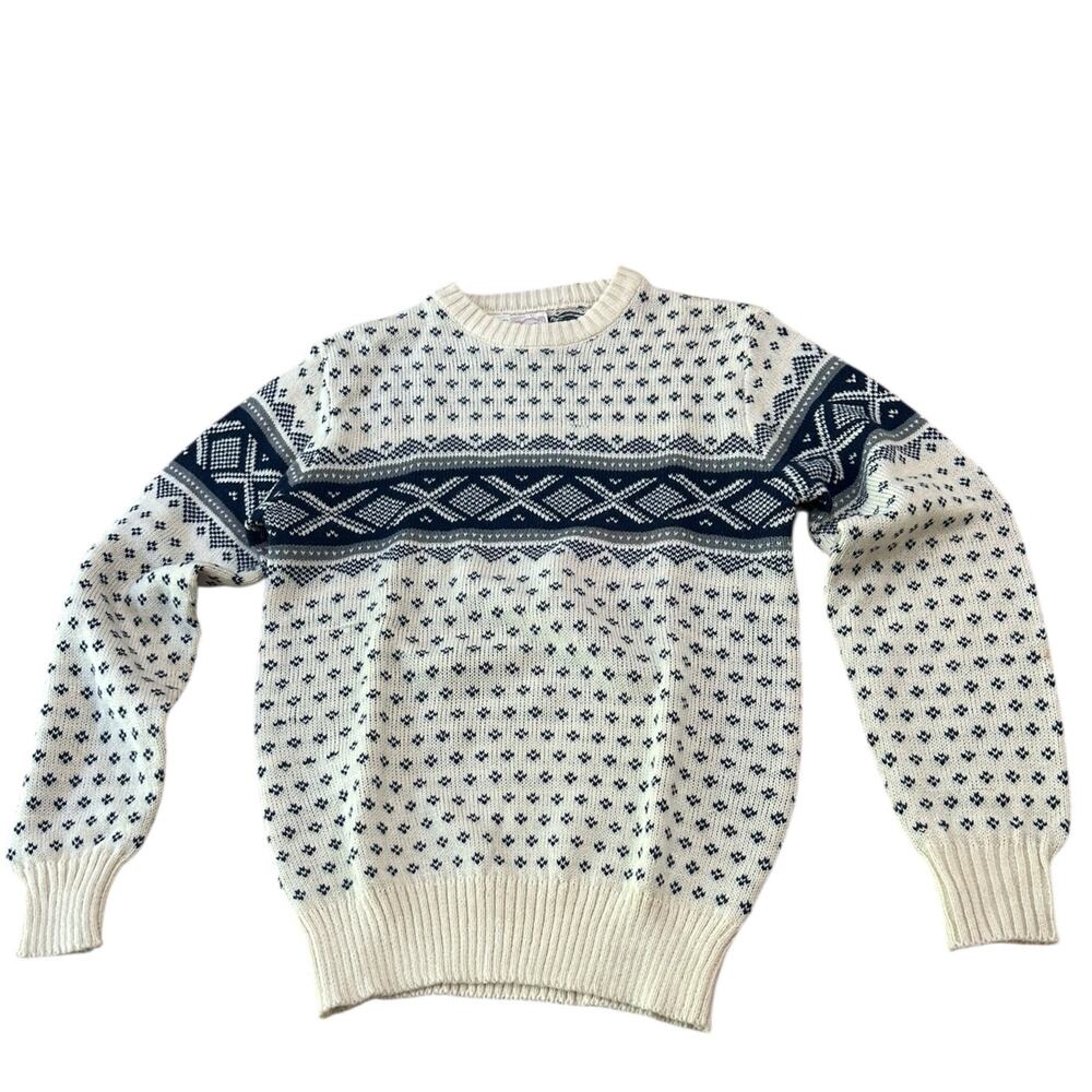 Vintage Cream Nordic Knit Fair Isle Sweater Pullover Knit Ski Sweater Medium  -